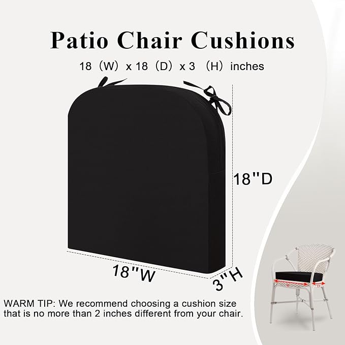 Outdoor Chair Cushions Set of 2, Waterproof Foam Patio Seat Cushions with Ties for Garden Sofa & Dining Furniture, 3-Year Color Fastness, 18x18x3 Inch, Black-VerdiqueGarden