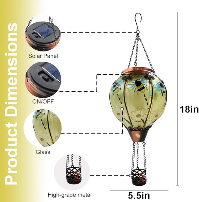Hot Air Balloon Solar Lantern with Flickering Flame, Glass Hanging Garden Lights Outdoor Waterproof for Tree Yard Patio Mother's Day Gift, 18" H Bee-VerdiqueGarden