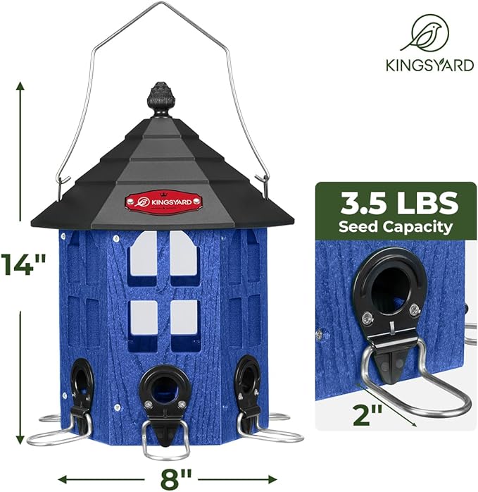 Kingsyard Wild Bird Feeder for Outdoor Hanging, Recycled Plastic Bird Feeders with 6 Ports & U-Shape Perch, Garden Yard Outside Decoration, 3.5 lbs Seed Capacity, Blue-VerdiqueGarden