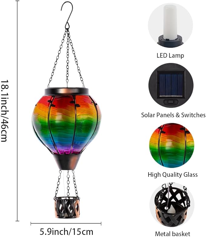 Starsoul Solar Hot Air Balloon Lantern with Flame Multi-Color Hot Air Balloon Lantern with Candle Holder Metal & Glass Hanging Garden Light Waterproof Outdoor Lantern Decor-VerdiqueGarden