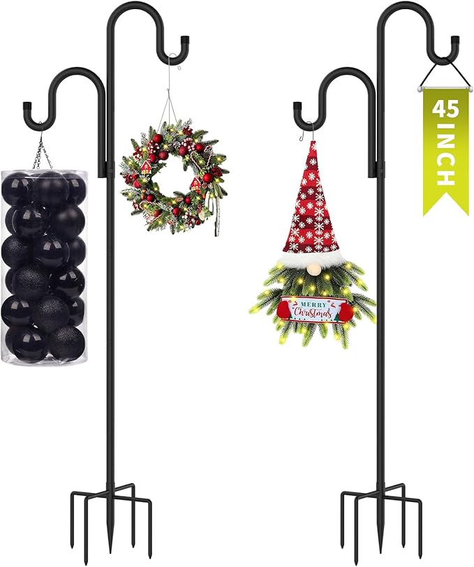 Double Shepherds Hooks for Outdoor, Bird Feeder Pole with 5 Prongs Base, Heavy Duty Garden Hook for Lantern, Wind Chime and Hummingbird Feeder, 45 Inch, 2 Pack-VerdiqueGarden