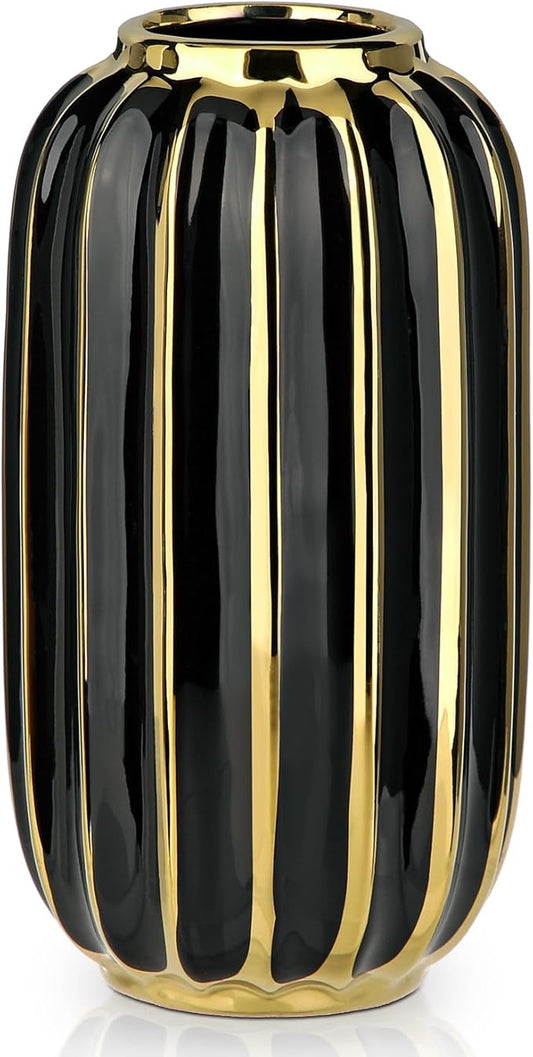 Briful Gold Plated Lantern Ceramic Vase Home Decor Creative Design Porcelain Decorative Flower Vase 8.66'' Black Ceramic Vases for Wedding Anniversary Decoration-VerdiqueGarden