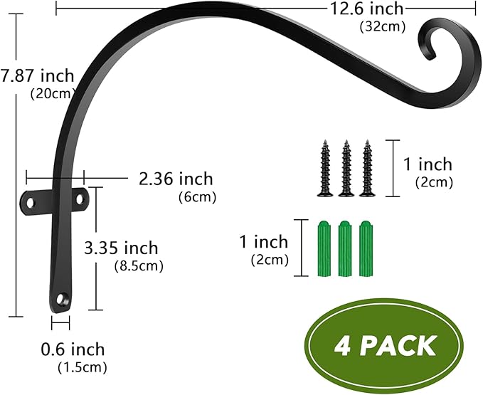 HOOPLE Plant Hangers Outdoor Heavy Duty 4 Pack, Cast Iron Bird Feeder Hanger, Metal Black Plant Brackets Hook for Hanging Flower Baskets, Elegant Design, Large Bearing Capacity-VerdiqueGarden
