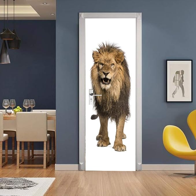 3D Lion Door Stickers - Peel & Stick - Waterproof & Washable - Matt Finish - Realistic Style - Brown - 34.6 x 78.7 Inch (2 Pieces)-VerdiqueGarden