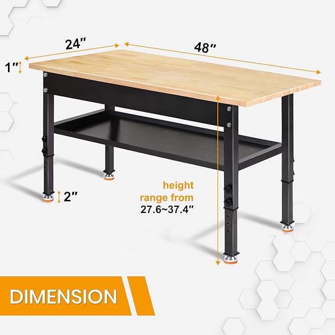 48"/60'' Adjustable Workbench, Rubber Wood Work Bench Heavy-Duty with Partition,2000 LBS Load Capacity Hardwood Work Table for Garage, Workshop, Home, Office, Easy Assembly (w/partition,48'')-VerdiqueGarden