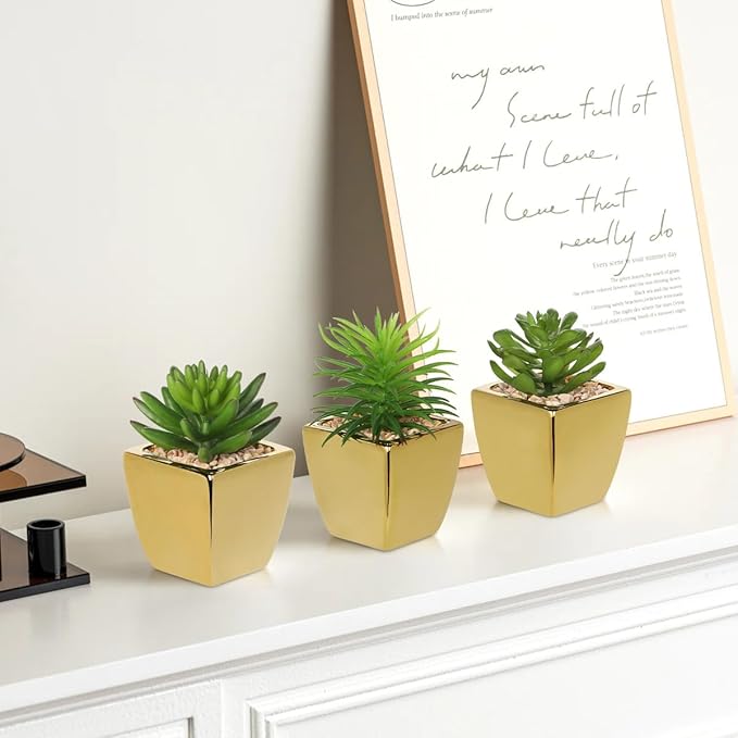 Hollyone Small Succulents Artificial 3 Pcs Faux Succulents with Gold Pots Mini Fake Succulent Plants Indoor Plant Ceramic Pots for Modern Office Desk Bathroom Shelf Living Room Home Decor-VerdiqueGarden
