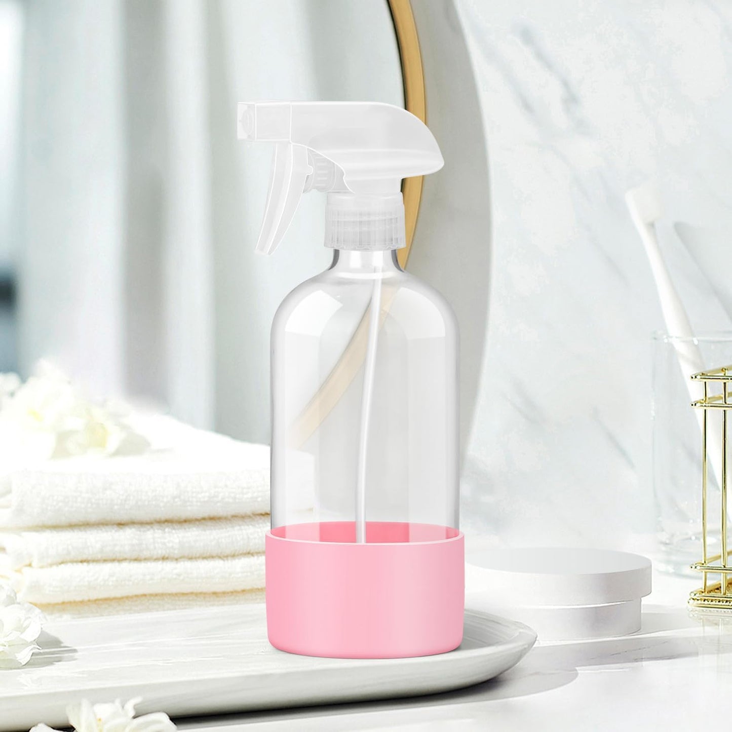 Glass Spray Bottles with Silicone Sleeve Protection, Empty 16 oz Refillable Containers, Reusable Spray Bottles with Adjustable Nozzle for Hair, Cleaning Solutions, 3 Pack Pink-VerdiqueGarden