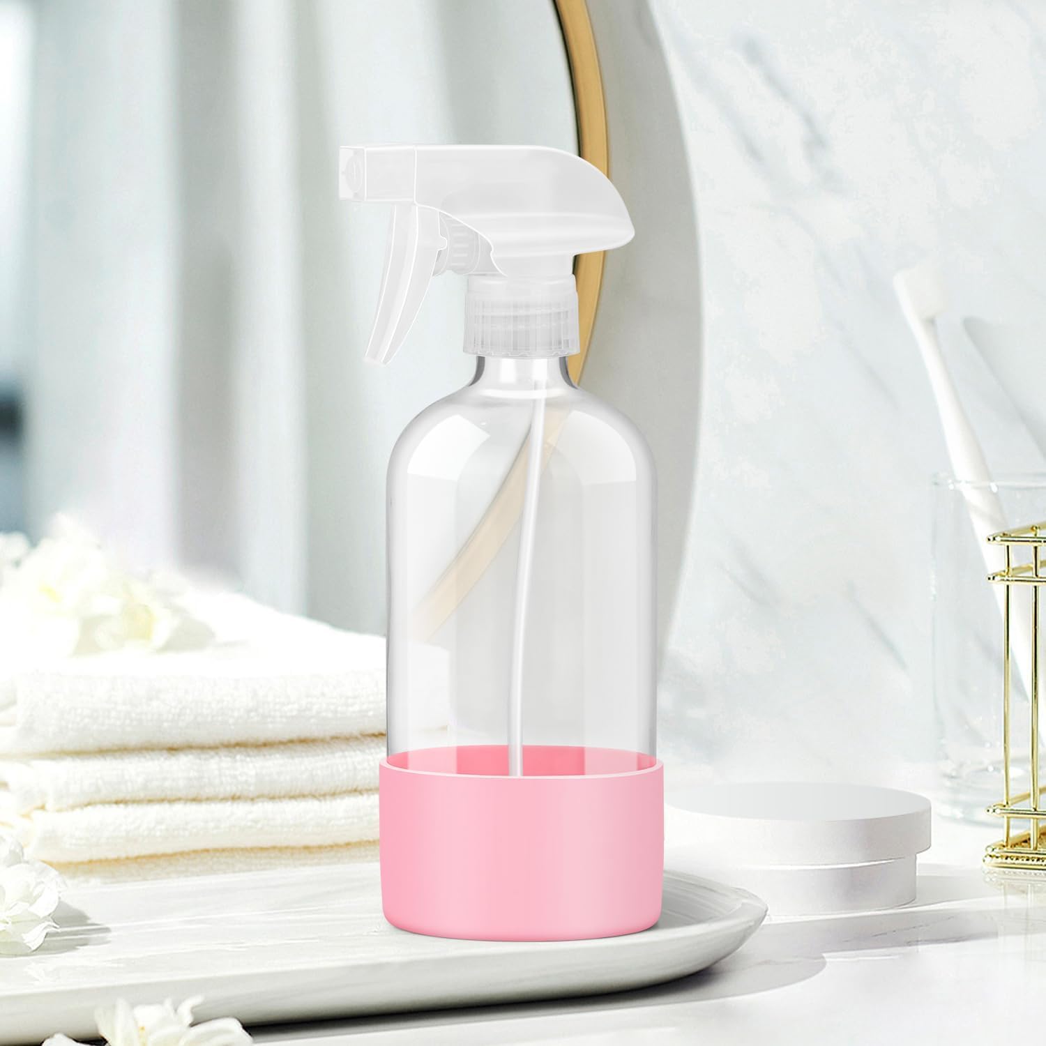 Glass Spray Bottles with Silicone Sleeve Protection, Empty 16 oz Refillable Containers, Reusable Spray Bottles with Adjustable Nozzle for Hair, Cleaning Solutions, 3 Pack Pink-VerdiqueGarden