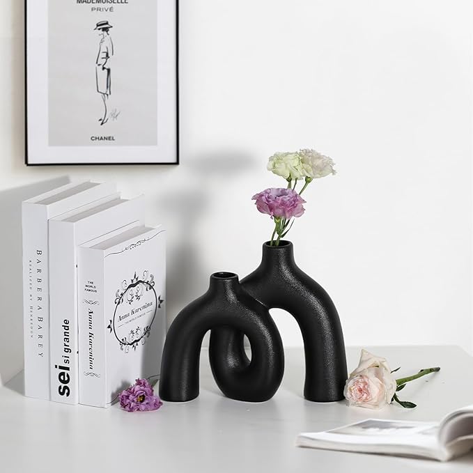 CEMABT Modern Nordic Boho Vase Set - Elegant Black Matte Ceramic Home Decor for Living Room, Bookshelf, Mantel, Entryway Table & Console Décor | Shelf Decorations Gift-VerdiqueGarden