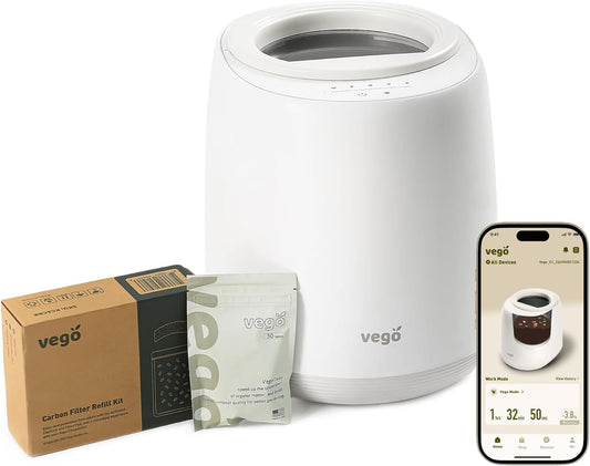 Vego Kitchen Composter, 4L Electric Composter Countertop 5 Modes Weight-Based Smart Compost Bin with App Odorless Auto-Cleaning Food Waste Compost Machine Indoor, White-VerdiqueGarden