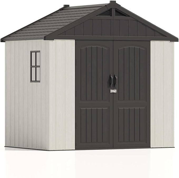 Patiowell 8 x 6 FT Plastic Outdoor Storage Shed with Floor, Resin Shed with Window and Lockable Door for Garden, Backyard, Tool Storage Use, Easy to Install in Beige (Kick-it Shed)-VerdiqueGarden