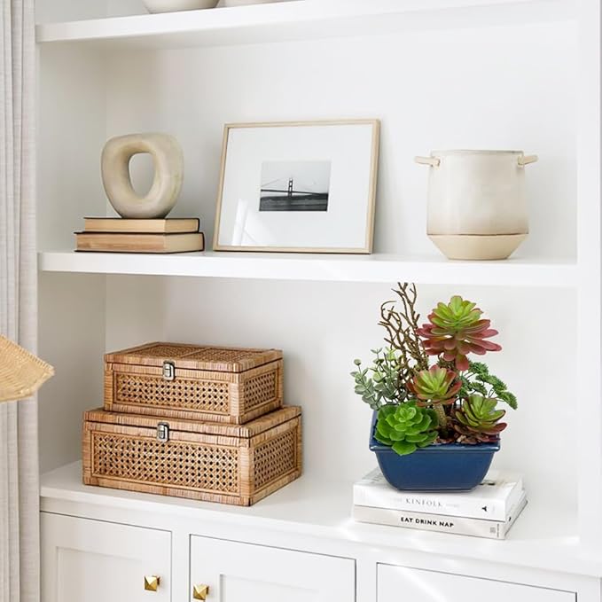 Small Faux Plant Assorted Fake Succulents Plants with Glazed Ceramic Pot Faux Succulents Arrangement Cement Potted Desk Plants Small Fake Plants for Home Table Office Bathroom Shelf Living Room Decor-VerdiqueGarden