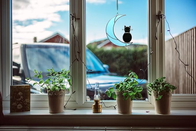 Black Cat Stained Glass Suncatcher,Cat Memorial Gifts for Loss of Cat,Cat Mom Gifts,Cat Sympathy Gifts for Cat Lovers,Window Hanging Ornament-VerdiqueGarden