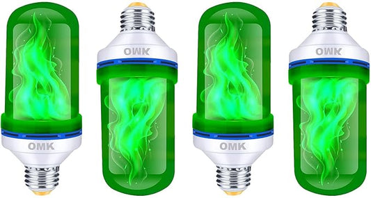 OMK 4 Pack Green Light Bulbs, Christmas Flame LED Light Bulbs Decorations Flickering/Breathing/Ligting/Gravity 4 Modes Flame Bulb for Bars Hotel Yard Porch Party Outdoor Decorative Holiday Gifts-VerdiqueGarden