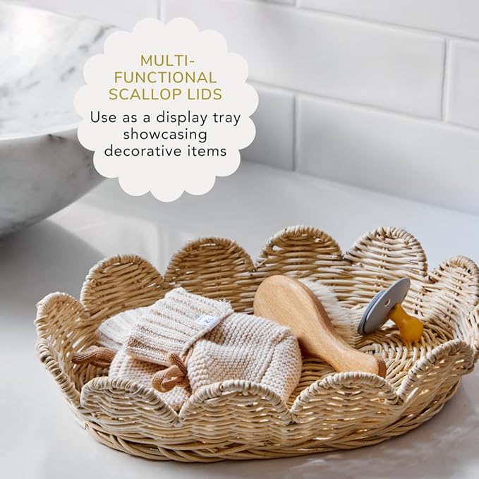 BEBE BASK The Original Scalloped Basket Set Of 2 – Small Scallop Basket - 15 x 10 x 6 In - Hand-Woven & Award-Winning - Elegant Wicker With Scalloped Edge Lid - Nursery Storage - (Natural)-VerdiqueGarden