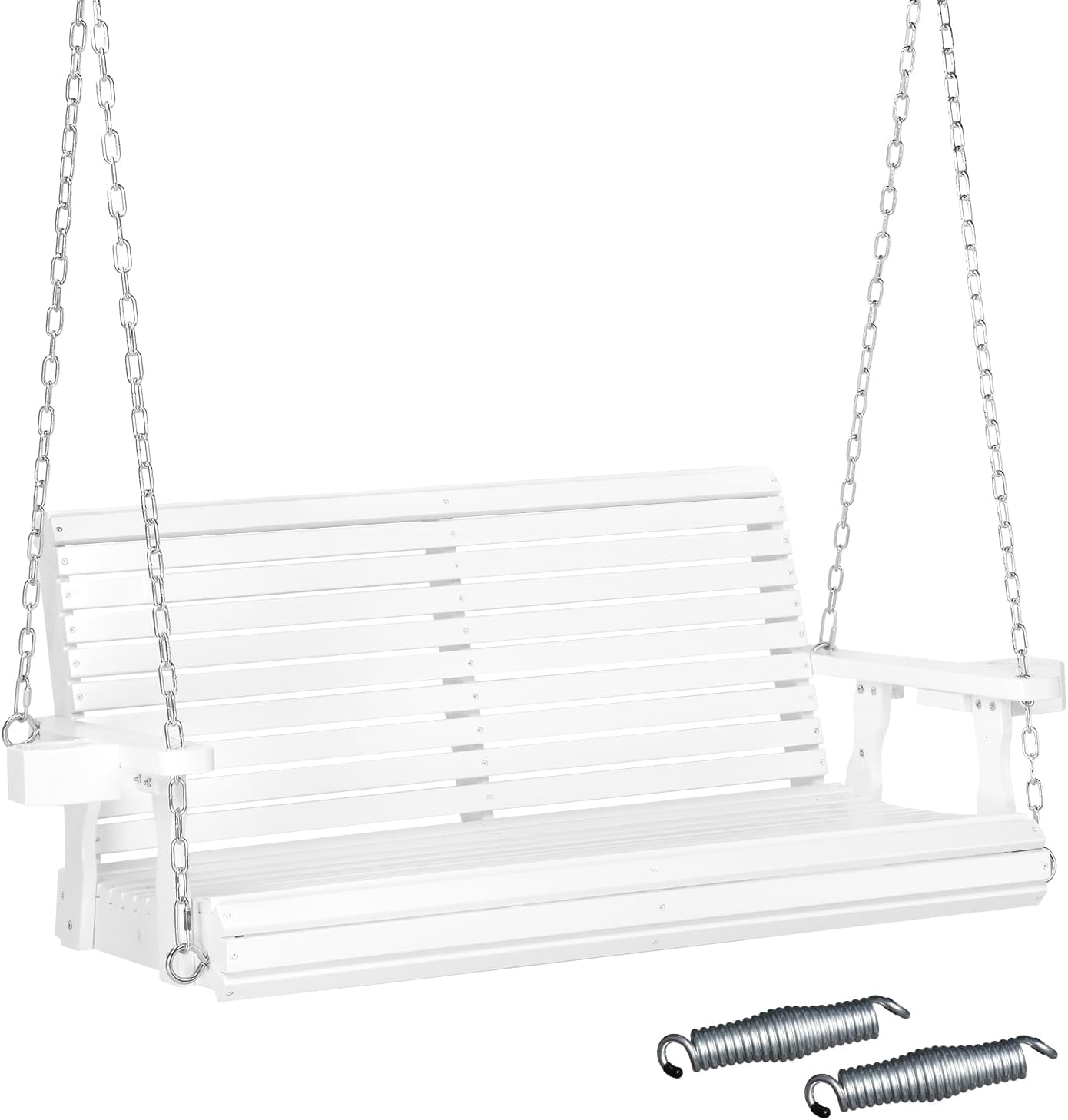 VINGLI XL Size Patio Wooden Porch Swing Outdoor with Cup Holders, Heavy Duty 880 LBS Hanging Swing Chair Bench with Hanging Chains for Yard, Lawn, Garden (4 FT Pro, White)-VerdiqueGarden