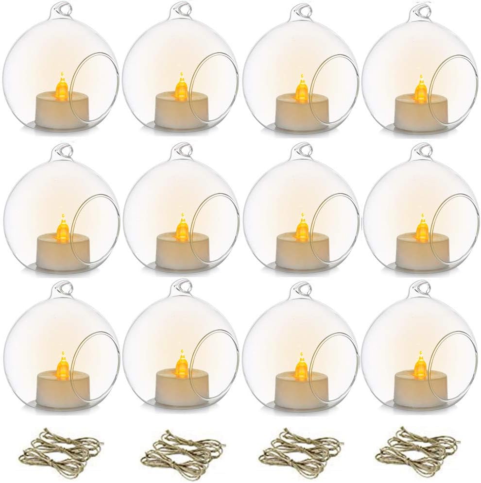 12 Pcs 3.15"/ 8cm Hanging Glass Tealight Holder Globe with LED Tealight, Plant Terrariums Glass Orbs Air Plants Tea Light Candle Holders Home Decor Indoor Outdoor Garden DIY Gifts (12 Pcs)-VerdiqueGarden