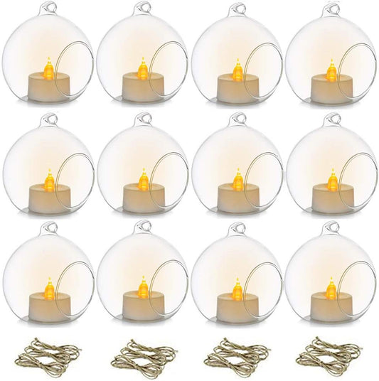 12 Pcs 3.15"/ 8cm Hanging Glass Tealight Holder Globe with LED Tealight, Plant Terrariums Glass Orbs Air Plants Tea Light Candle Holders Home Decor Indoor Outdoor Garden DIY Gifts (12 Pcs)-VerdiqueGarden