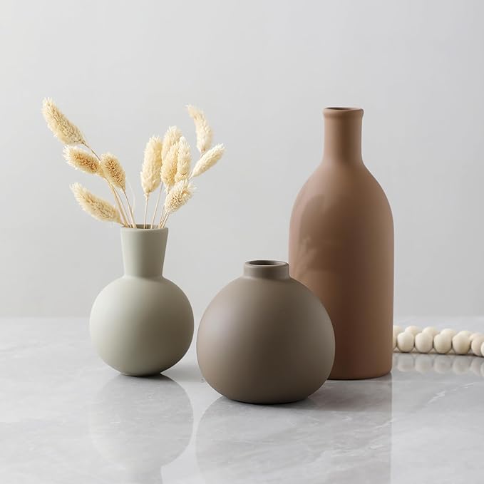 Ceramic Vase Set of 3, Vases Home Decor Rustic Farmhouse Decorative Vase Pottery Vases for Bouquet Pampas Grass Dried Fresh Flowers, Table Living Room Kitchen Bedroom Bathroom - Brown-VerdiqueGarden