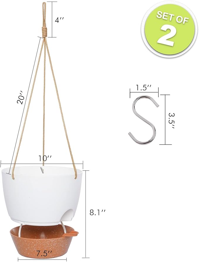 10 Inch Self Watering Hanging Pots, 2 Pack Hanging Planters with 40oZ Deep Reservior for Indoor Outdoor Plants Flowers, White with Brown-VerdiqueGarden