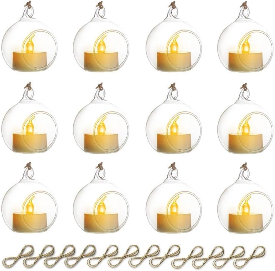Sziqiqi Hanging Glass Globes Orbs Tea Light Candle Holders with Flameless LED Tealight for Wedding Ornaments, Wedding Birthday Christmas Party Centerpiece Accessory 2.36inch 10pcs +2 Extra-VerdiqueGarden