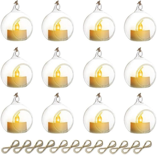 Sziqiqi Hanging Glass Globes Orbs Tea Light Candle Holders with Flameless LED Tealight for Wedding Ornaments, Wedding Birthday Christmas Party Centerpiece Accessory 2.36inch 10pcs +2 Extra-VerdiqueGarden