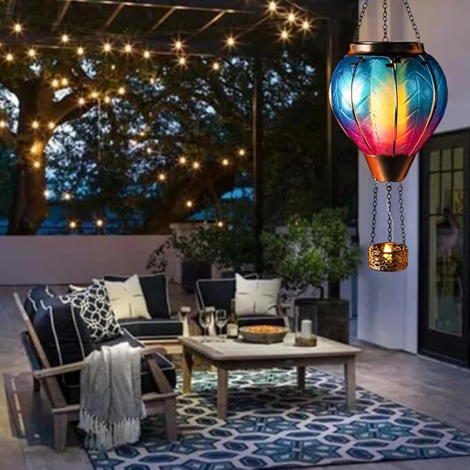 Starsoul 2 PC Blue Hot Air Balloon Solar Lantern with Flame Glass Hanging Outdoor Hot Air Balloon Solar Light Waterproof Garden Patio Yard Party Decorations-VerdiqueGarden