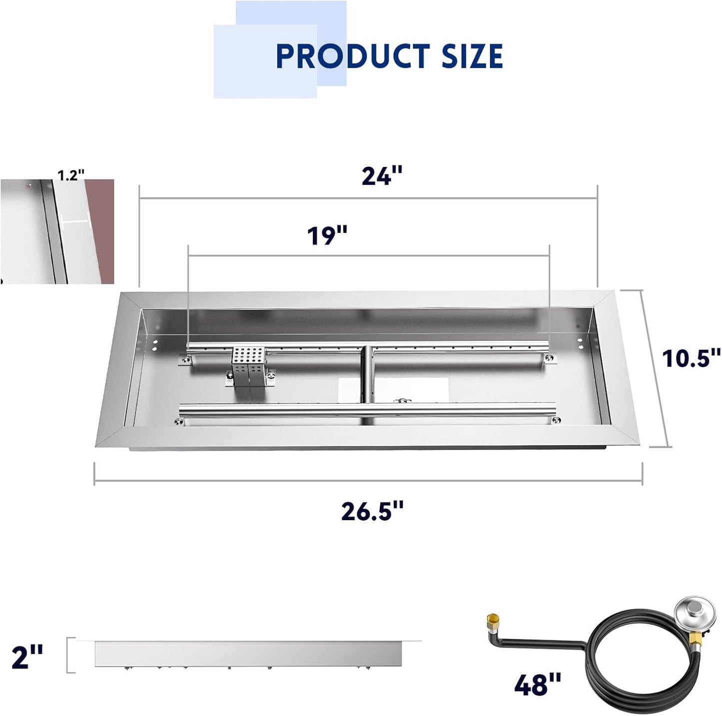 Skyflame Stainless Steel 24" Rectangle Fire Pit Drop-in Burner Kit with Extinguishing Protection Device, Flame Sensing, Electronic Spark Ignition, Gas Hose Connector for Propane-VerdiqueGarden