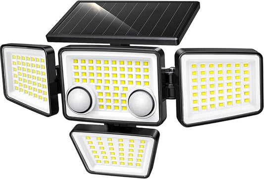 Solar Outdoor Lights - 3000LM 188 LED Motion Sensor Outdoor Lights, 4 Heads IP65 Waterproof Powered Security Flood Lights, 270°Wide Lighting Angle Wall Light with Sensors for Backyard Yard-VerdiqueGarden