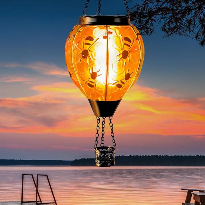 Starsoul Hot Air Balloon Solar Lantern Bee Glass Hanging Outdoor Hot Air Balloon Solar Flickering Flame Light Waterproof Garden Patio Yard Party Decorations-VerdiqueGarden