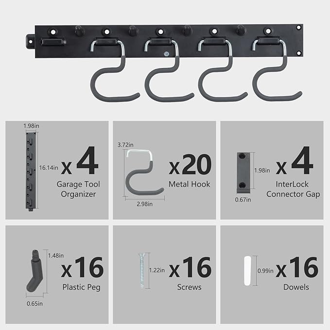 WellMade 64'' Adjustable Garden Tool Organizer, Garage Storage System with Hooks, Wall Mount Tool Organization Rack, Black-VerdiqueGarden