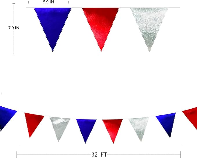 Red Blue Silver Party Decorations Metallic Fabric Triangle Pennant Banner Flag Bunting Garland for Graduations 4th of July American USA National Day Patriotic Veterans Birthday Outdoor Party Supplies-VerdiqueGarden