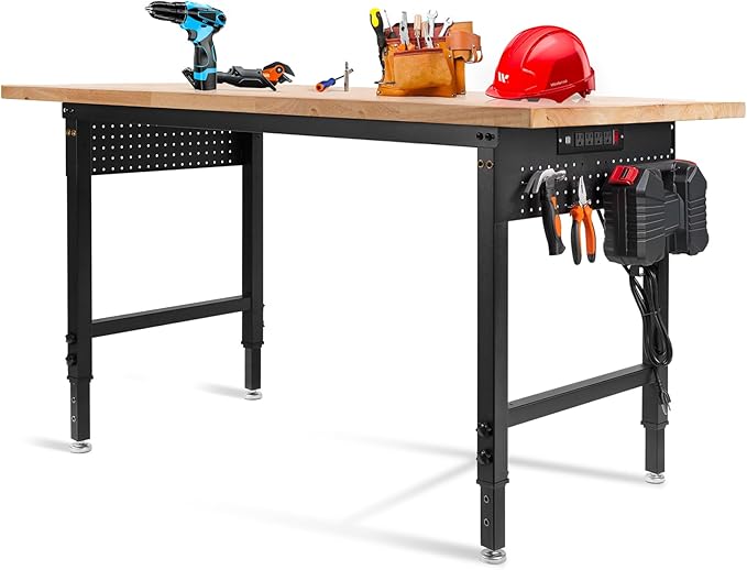 Height Adjustable Workbench Heavy Duty Work Table 2000 LBS Load Capacity 60”×22” Rubber Wood Work Station with Power Outlet & Pegboard for Garage, Workshop, Office,Party Shop, Home-VerdiqueGarden