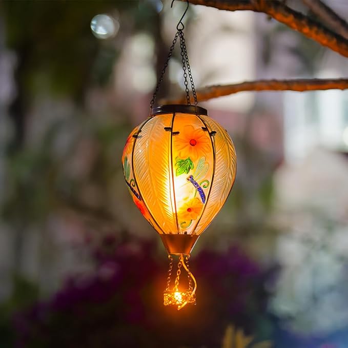 Starsoul Large Solar Hot Air Balloon Lantern with Flame Dragonfly Glass Hanging Outdoor Hot Air Balloon Solar Light Waterproof Garden Patio Yard Party Decorations-VerdiqueGarden