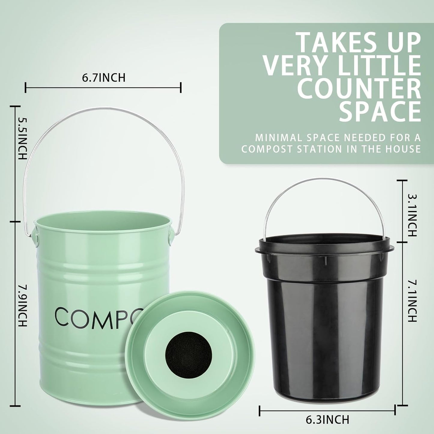 Vipush Kitchen Countertop Compost Bin with lid – Small, Includes Inner Compost Bucket Liner & Charcoal Filter, Green-VerdiqueGarden