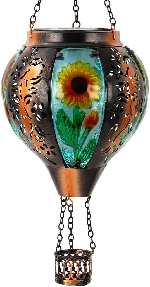 Starsoul Sunflowers Hot Air Balloon Solar Lantern Metal & Glass Solar Hot Air Balloon Hanging Garden Light Waterproof Outdoor Lantern for Patio Yard Party Decorations-VerdiqueGarden