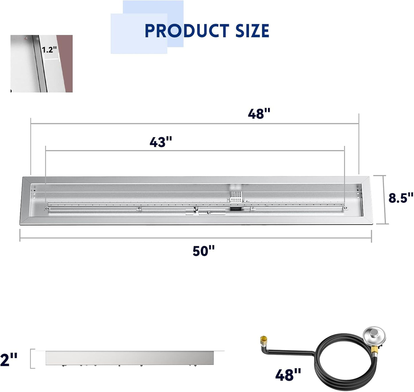 Skyflame Spark Ignition Gas Fire Pit Burner Kit, 48" Linear Stainless Steel Complete Drop-in Burner Kit with Flame Sensing, CSA Certified, Propane Regulator Connector Hose Set for Propane Tank-VerdiqueGarden