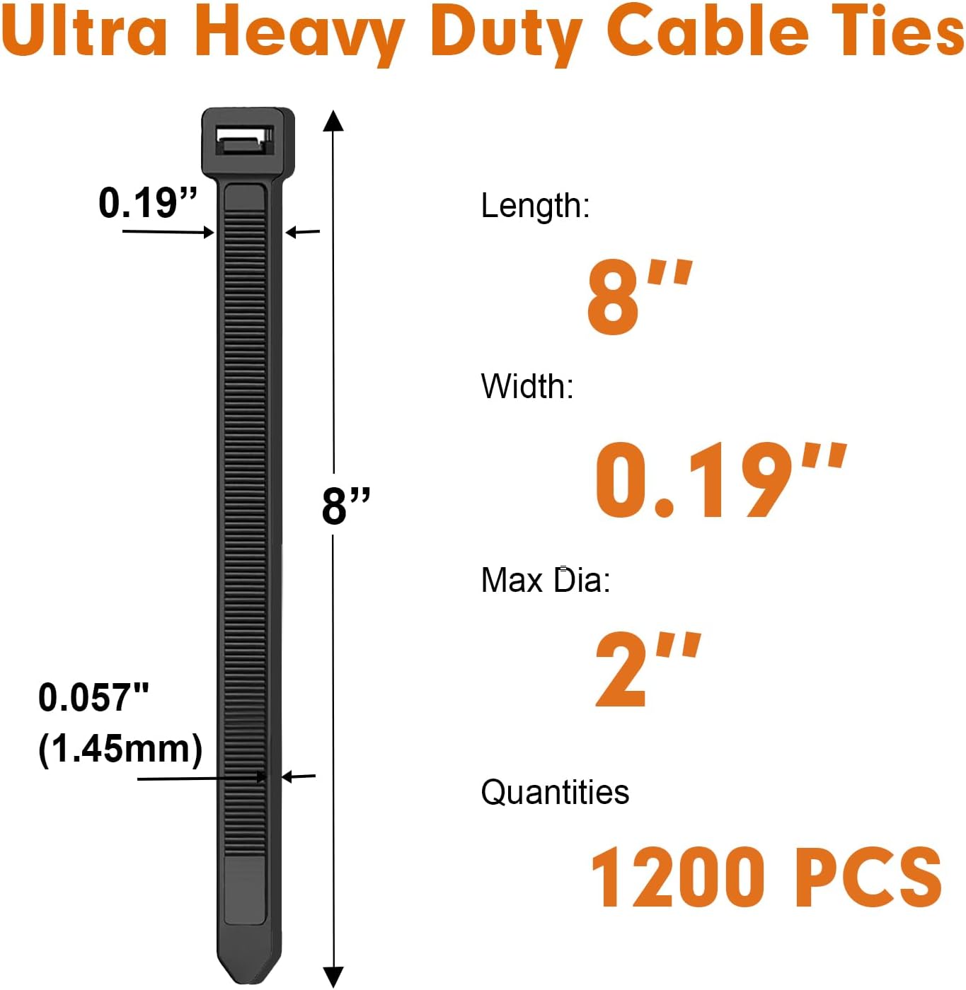 Zip Ties, RAZCC 1200pcs Black Cable Zip Ties 8 Inch, Heavy Duty Plastic Wire Ties with 70lb Tensile Strength, Self-Locking Black Nylon Tie Wraps for Indoor and Outdoor-VerdiqueGarden
