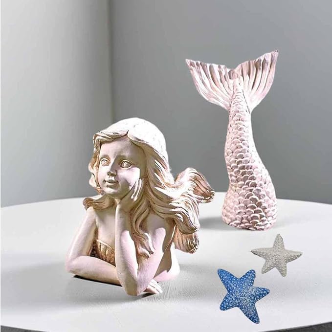 BGBWBFBR Handmade Mermaid Statue Set with Blue and White Starfish: A Beautiful Addition to Your Home Décor, ry-001-VerdiqueGarden