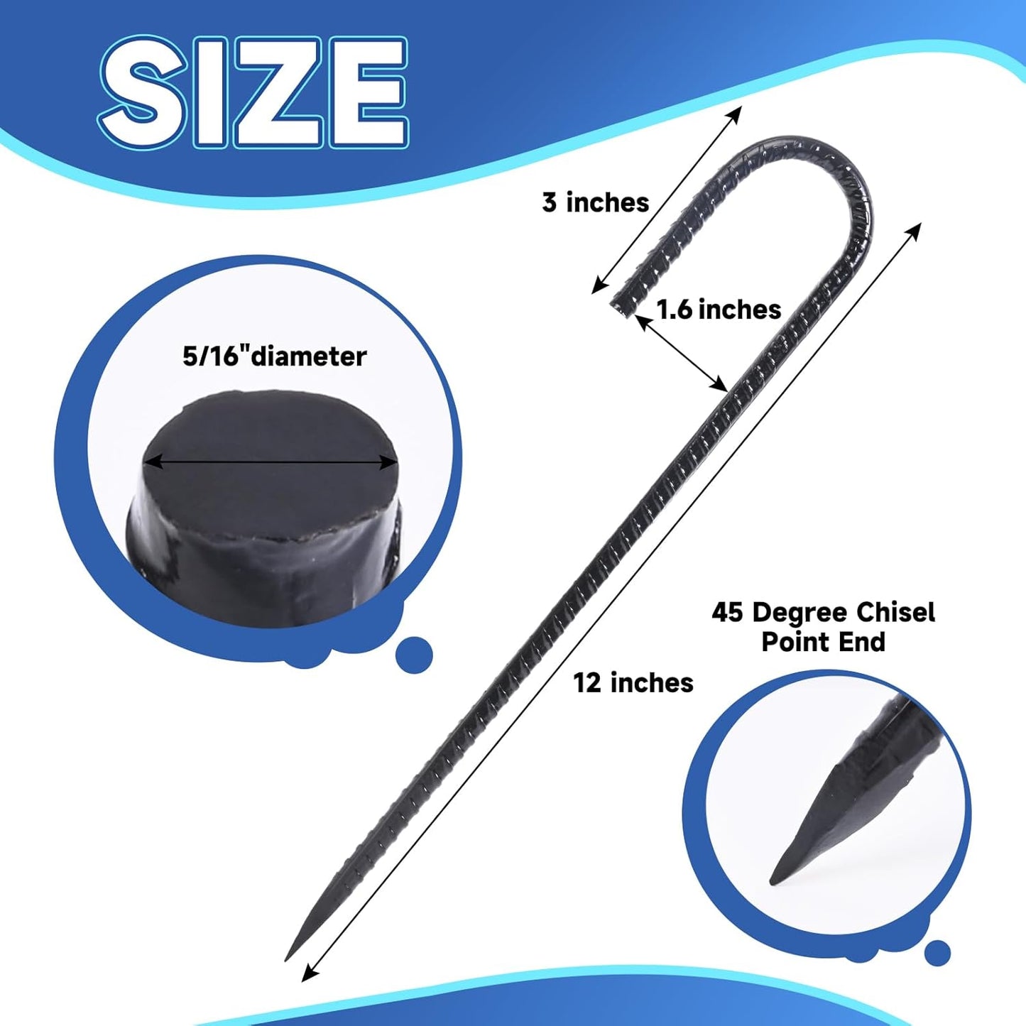 12 Inch Heavy Duty Rebar Stakes, 20-Pack Galvanized Steel J Hook Tent Stakes for Outdoor Decorations, Inflatables, Fencing, Gardening, Gazebo and Swing Set Anchors-VerdiqueGarden