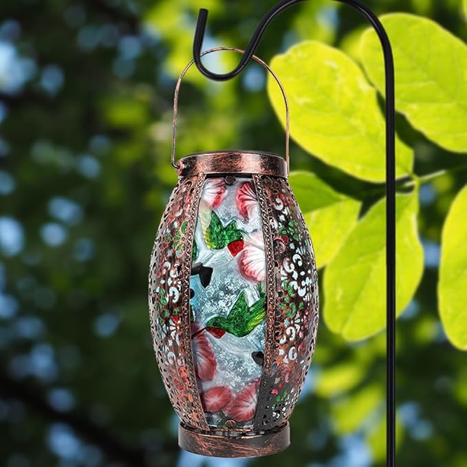 Hummingbird Solar Lanterns Glass & Metal Hanging Lantern Outdoor Waterproof 16" H Tabletop Light with Hollowed-Out Design for Garden Patio Table Decor Mother's Day Gift-VerdiqueGarden