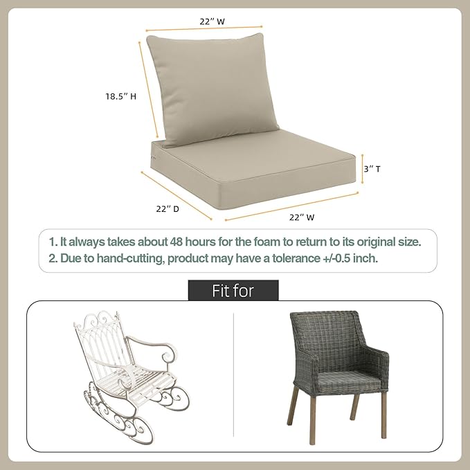 Favoyard Outdoor Seat Cushion Set 22 x 22 Inch Waterproof & Fade Resistant Patio Furniture Cushions with Removable Cover Deep Seat & Back Cushion with Handle and Adjustable Straps for Chair Sofa Couch-VerdiqueGarden