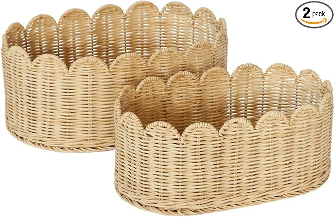 BEBE BASK Premium Scalloped Basket Set Of 2 - Scallop Basket - 16 x 10 x 7 Inch - Hand-Woven Elegant Wicker With Scalloped Edge - Nursery Storage (Natural)-VerdiqueGarden