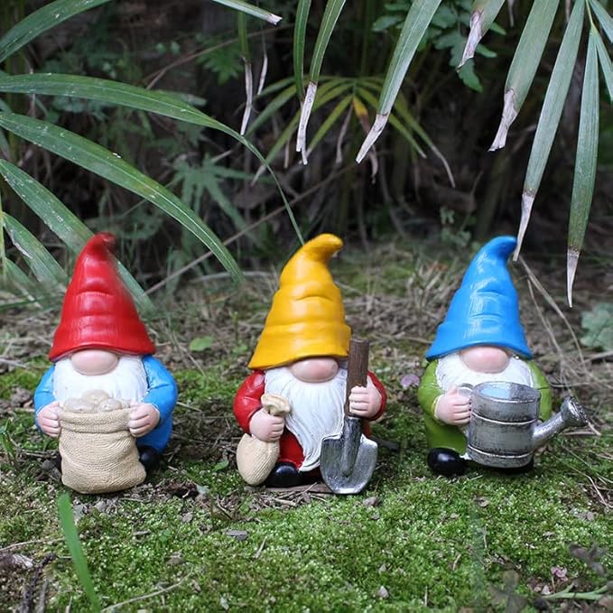 Set of 3 Mini Garden Gnome Statues - Resin Figurines for Indoor and Outdoor Decoration - Whimsical Mini Ornaments for Home, Patio, Yard, and Garden Decor-VerdiqueGarden