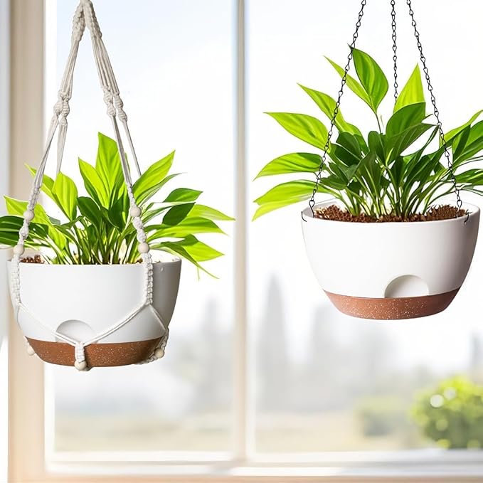 12 Inch Hanging Baskets for Plants Outdoor, Hanging Planters for Indoor Outdoor Plants, Hanging Planter with Self Watering, Hanging Flower Pots (White Planter with Macrame + Iron Hangers)-VerdiqueGarden