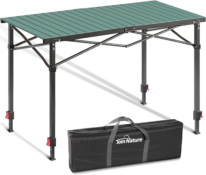 Portable Outdoor Adjustable Height Camping Table, Large for 2-6 Person, Foldable Roll-up Aluminum Camp Table with Carry Bag for Picnic, Camp, Sturdy, Stable, Loads 220 Lbs (Green)-VerdiqueGarden