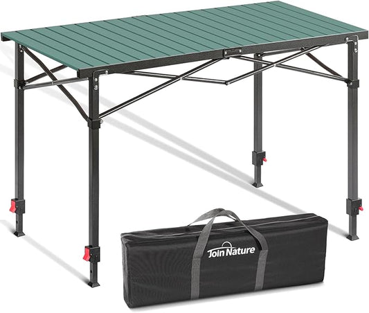 Portable Outdoor Adjustable Height Camping Table, Large for 2-6 Person, Foldable Roll-up Aluminum Camp Table with Carry Bag for Picnic, Camp, Sturdy, Stable, Loads 220 Lbs (Green)-VerdiqueGarden