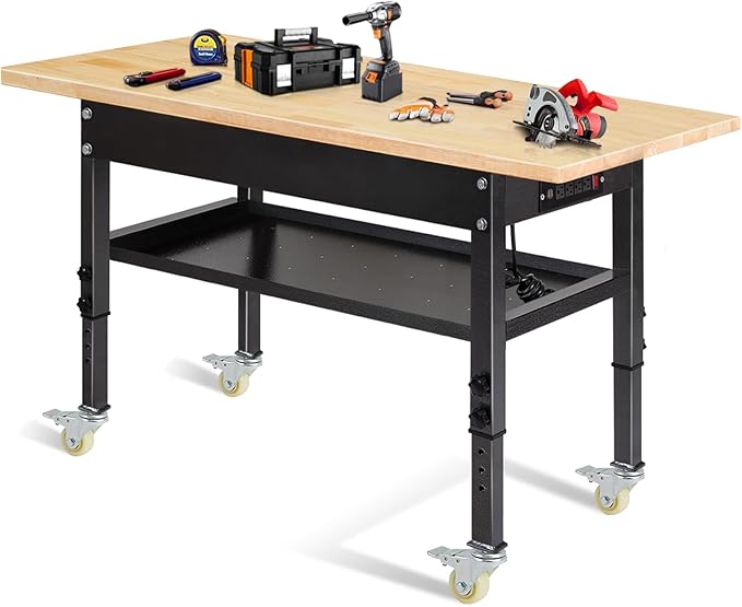 48"/60'' Adjustable Workbench, Rubber Wood Top Work Bench Heavy-Duty Work Table with Power Outlet, Wheels, Partition 2000 LBS Load Capacity Hardwood Work Benches for Garage, Workshop, Home, Office-VerdiqueGarden