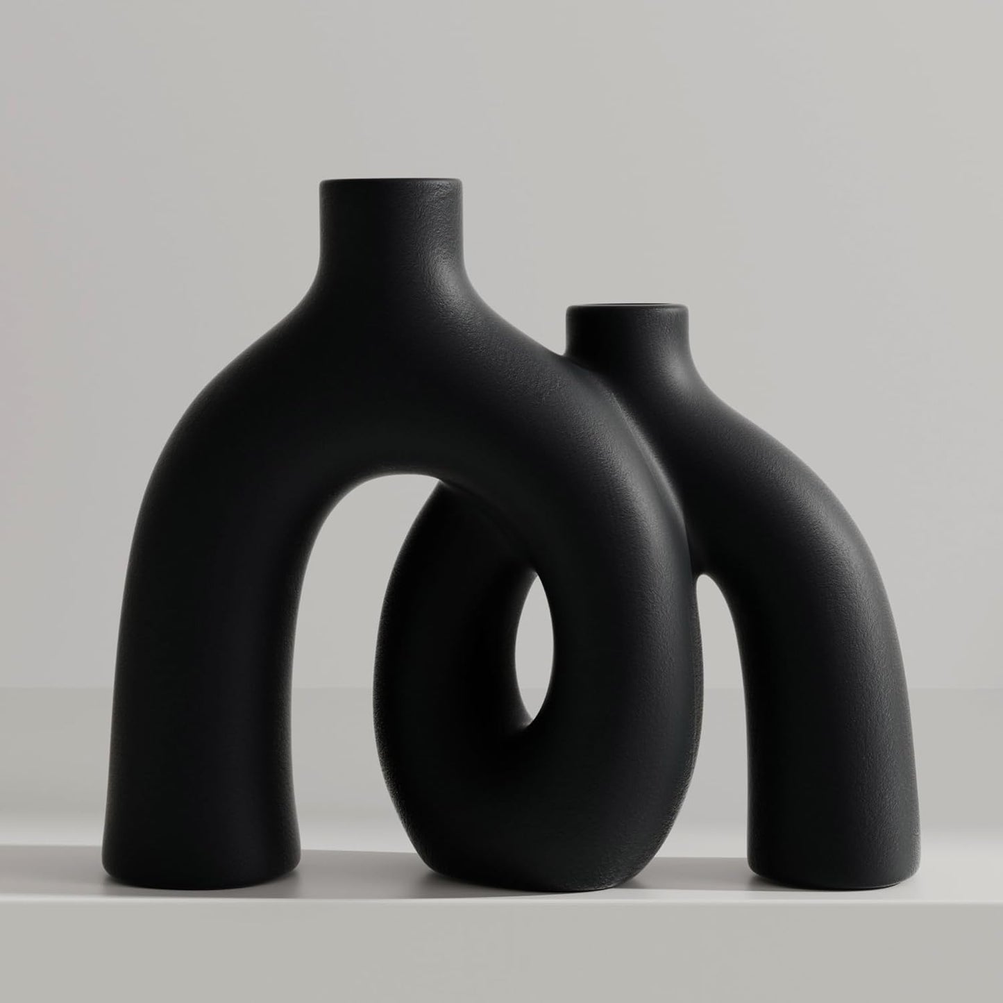 Matte Black Vase Set - Hug Hollow Donut Aesthetic Ceramic Vases Home Decor, Modern Nordic Minimalist Decorative Vase for Table Centerpiece Bookshelf Office Entryway Console Fireplace (Black)-VerdiqueGarden