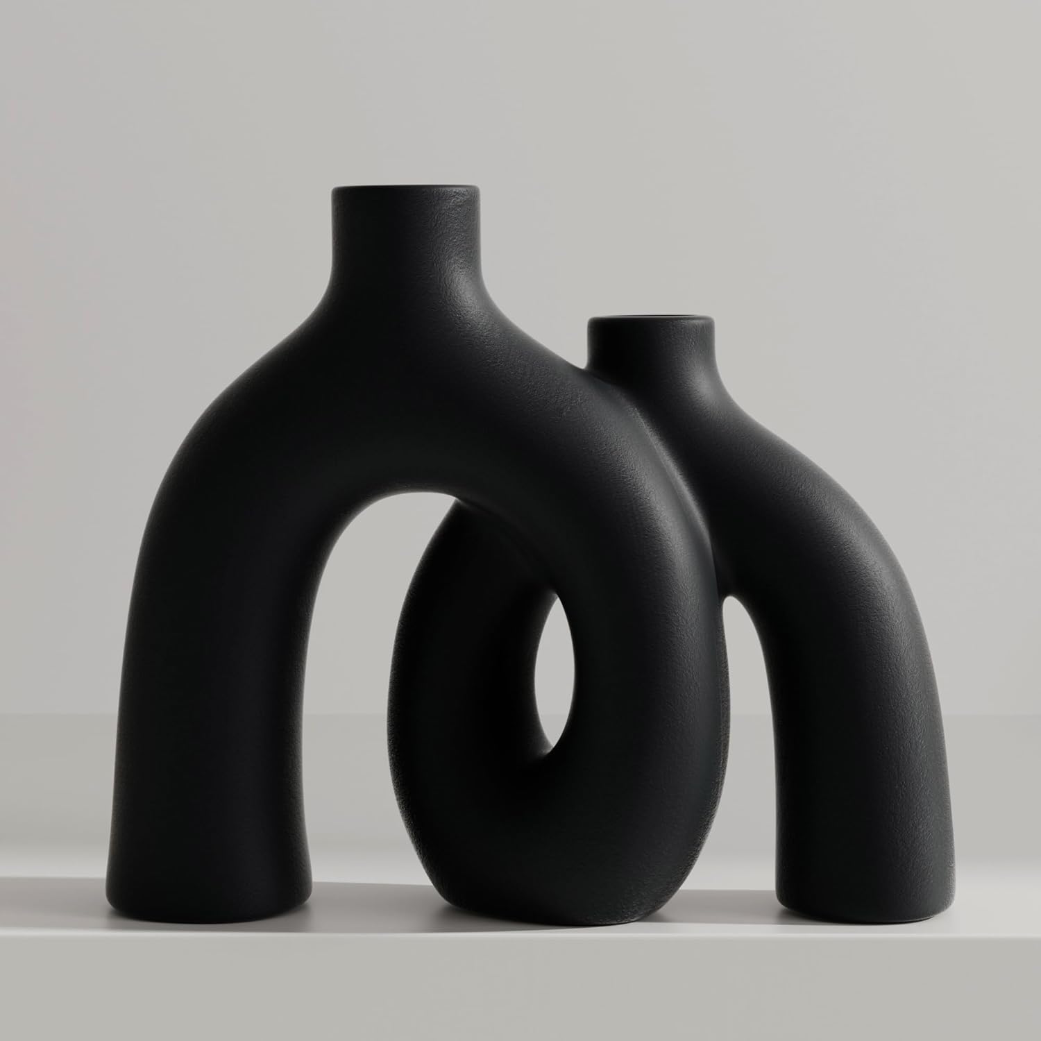 Matte Black Vase Set - Hug Hollow Donut Aesthetic Ceramic Vases Home Decor, Modern Nordic Minimalist Decorative Vase for Table Centerpiece Bookshelf Office Entryway Console Fireplace (Black)-VerdiqueGarden